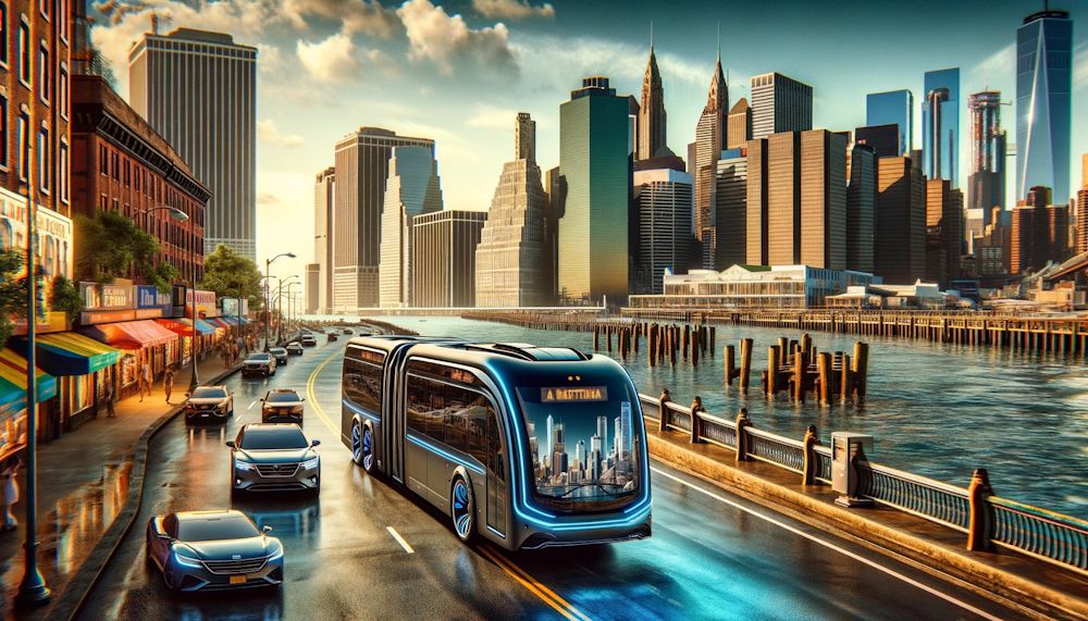 Ilustração: ônibus e veículos na avenida de uma grande metrópole.