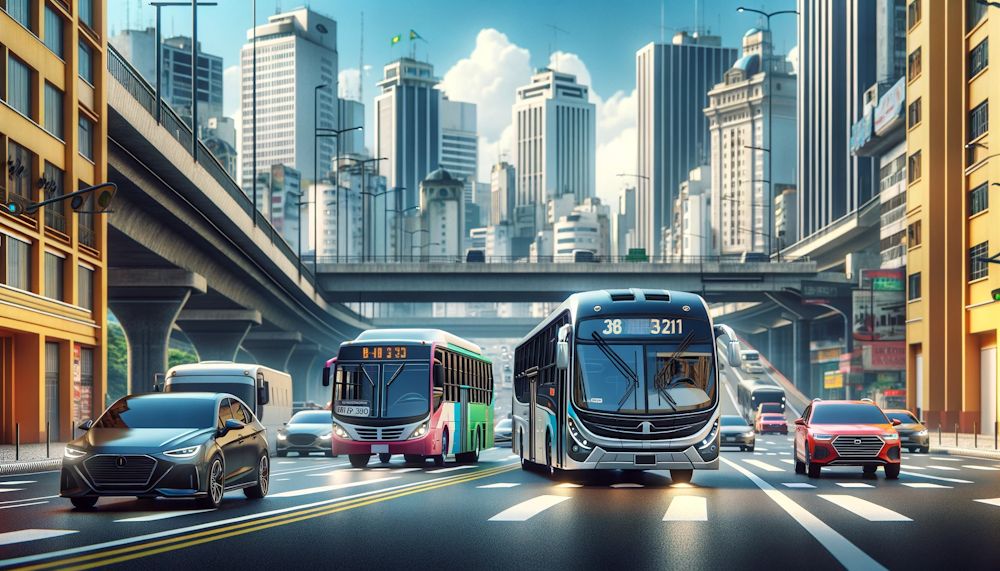 Veículos de passeio e ônibus na grande metrópole