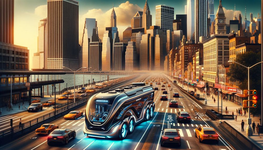 Ilustração: ônibus futurista e veículos na avenida de uma grande metrópole.