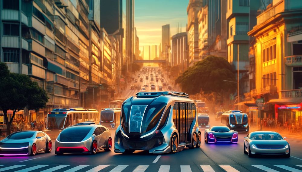 Ilustração: ônibus e veículos de passeio futuristas na avenida de uma grande metrópole.