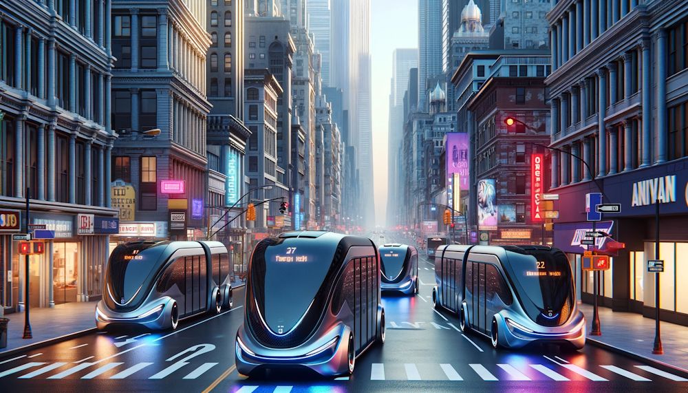 Ônibus futuristas na avenida de uma grande metrópole