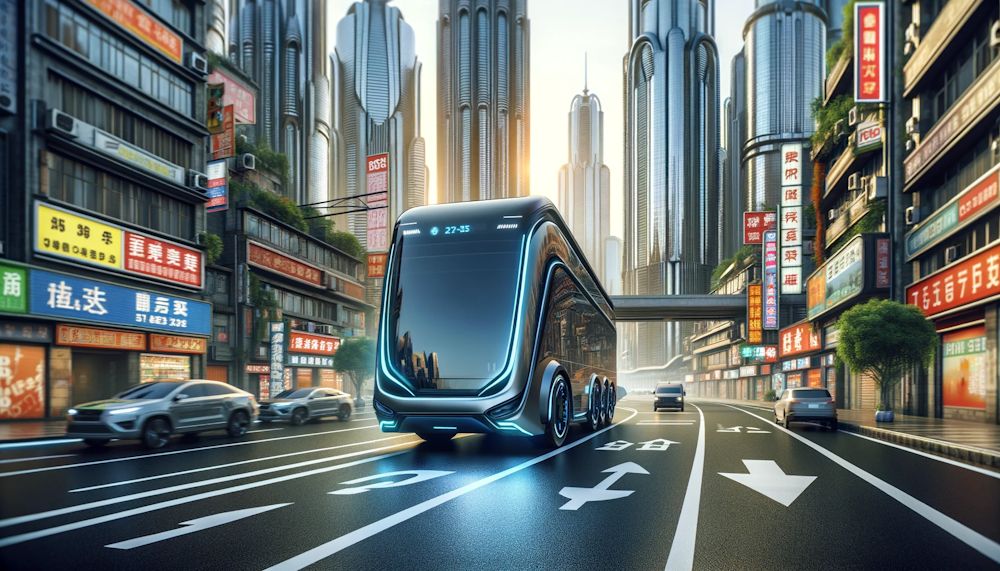  Ônibus futurista na avenida de uma grande metrópole