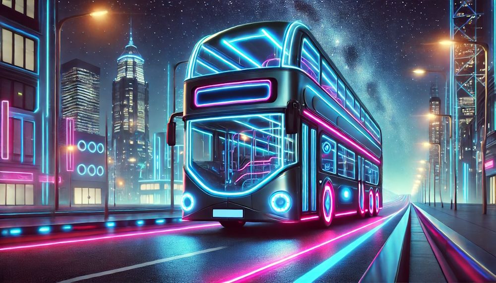 Ônibus futurista de dois andares iluminado por neon à noite.