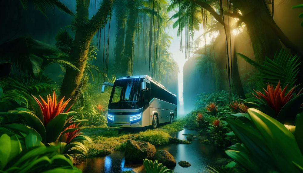 Ilustração: ônibus no meio da floresta tropical