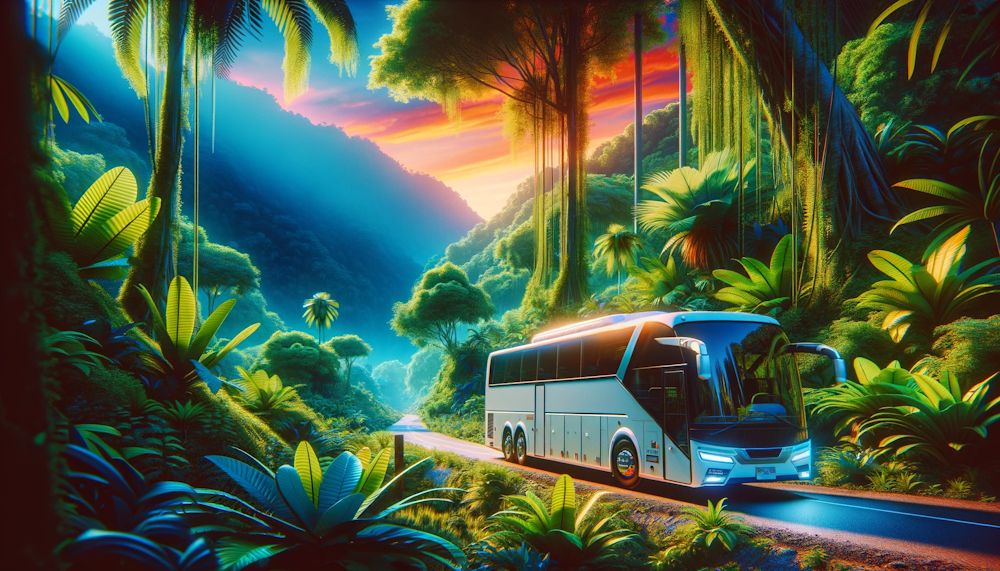 Ilustração: ônibus no meio da floresta tropical