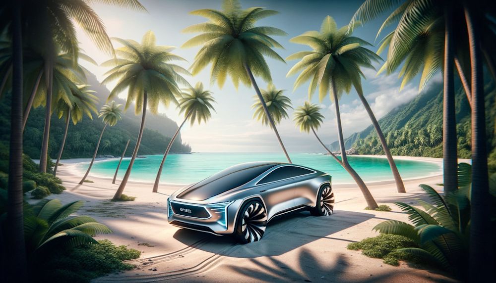 Carro futurista em paisagem tropical.