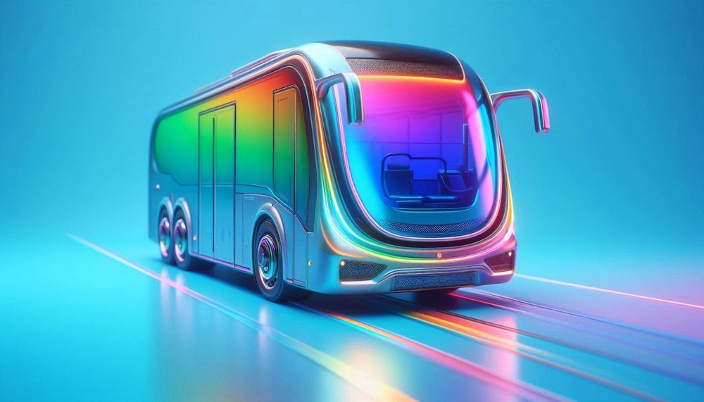 Ônibus futurista com design colorido.