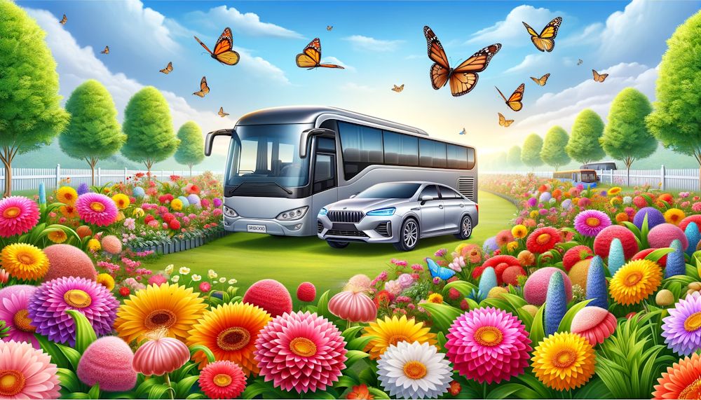 Ônibus e veículo de passeio no meio de um grande jardim florido.