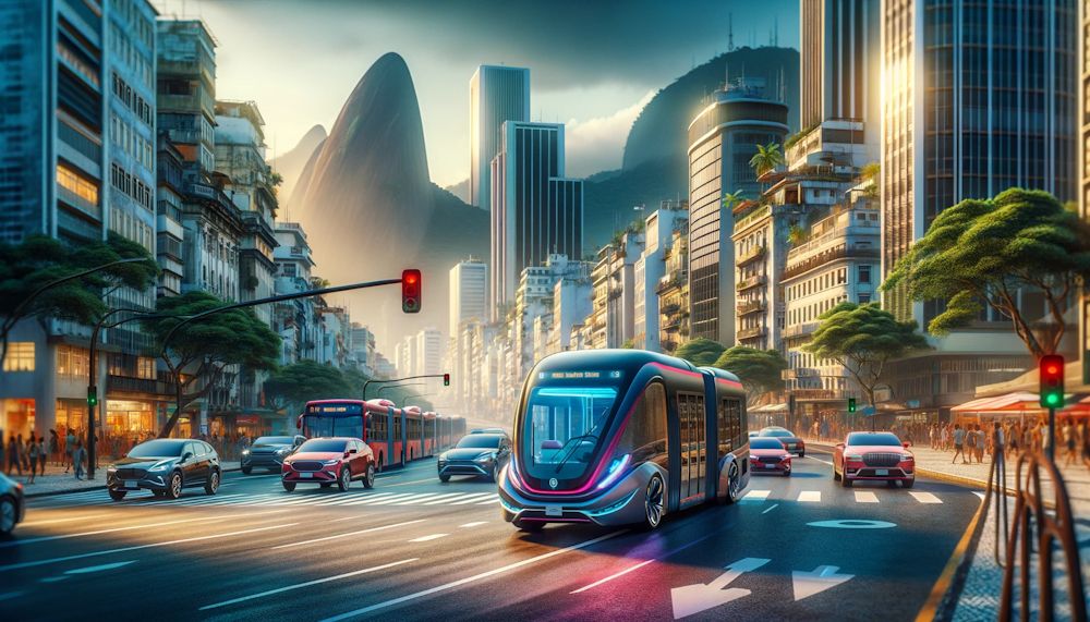 Ônibus futurista e veículos de passeio em avenida de uma  metrópole.