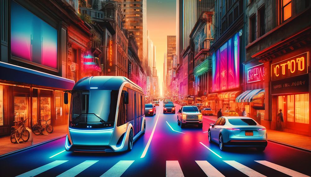 Ônibus futurista e veículos de passeio na avenida de uma grande metrópole.