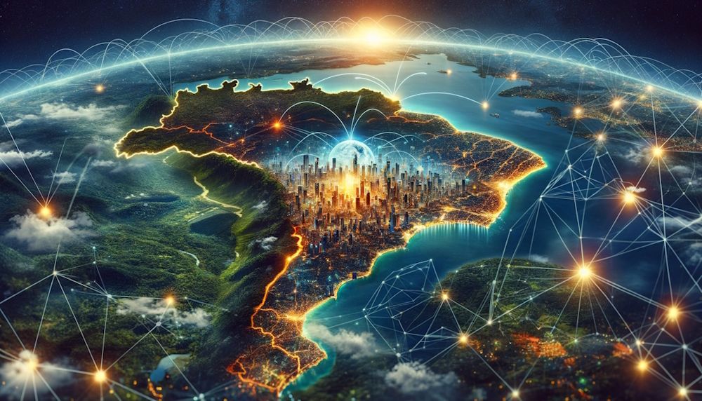 Ilustração: mapa do Brasil suspenso em ambiente marítimo e florestal e grande metrópole.