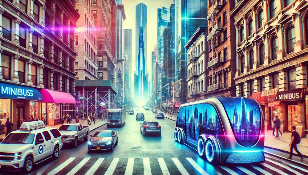 Ilustração: ônibus e veículos futuristas na avenida de uma grande metrópole.