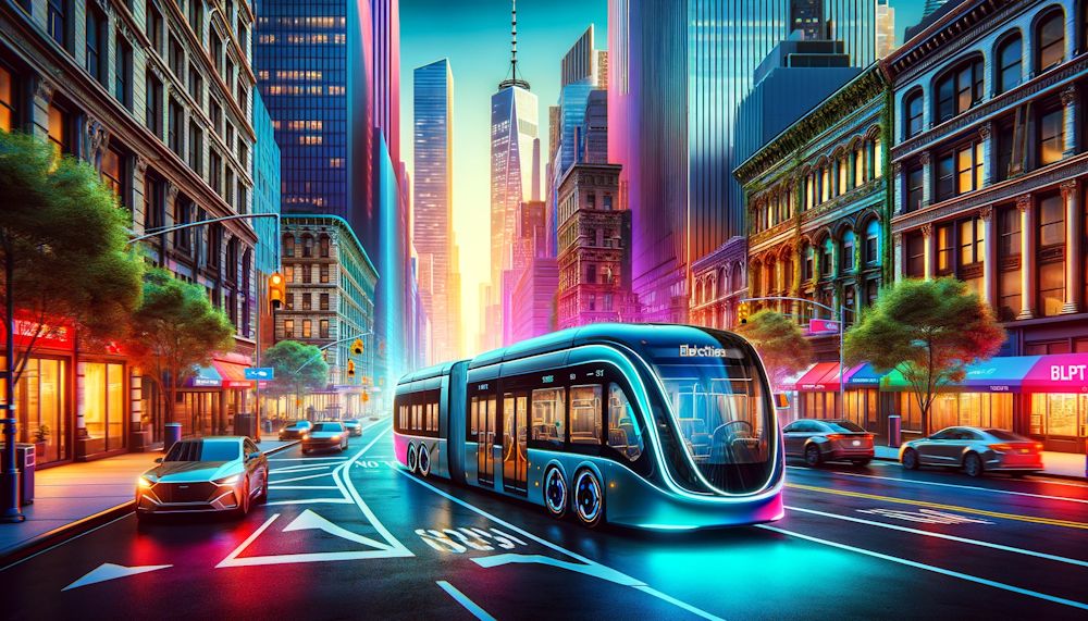 Ônibus futurista na avenida de uma grande metrópole.