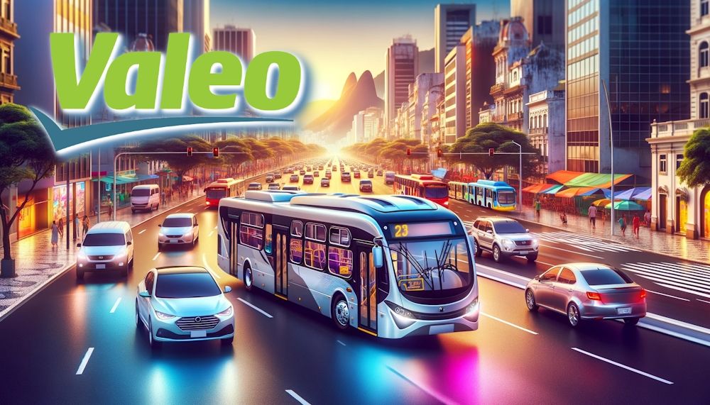Ilustração: ônibus e veículos de passeio na avenida de uma grande metrópole.